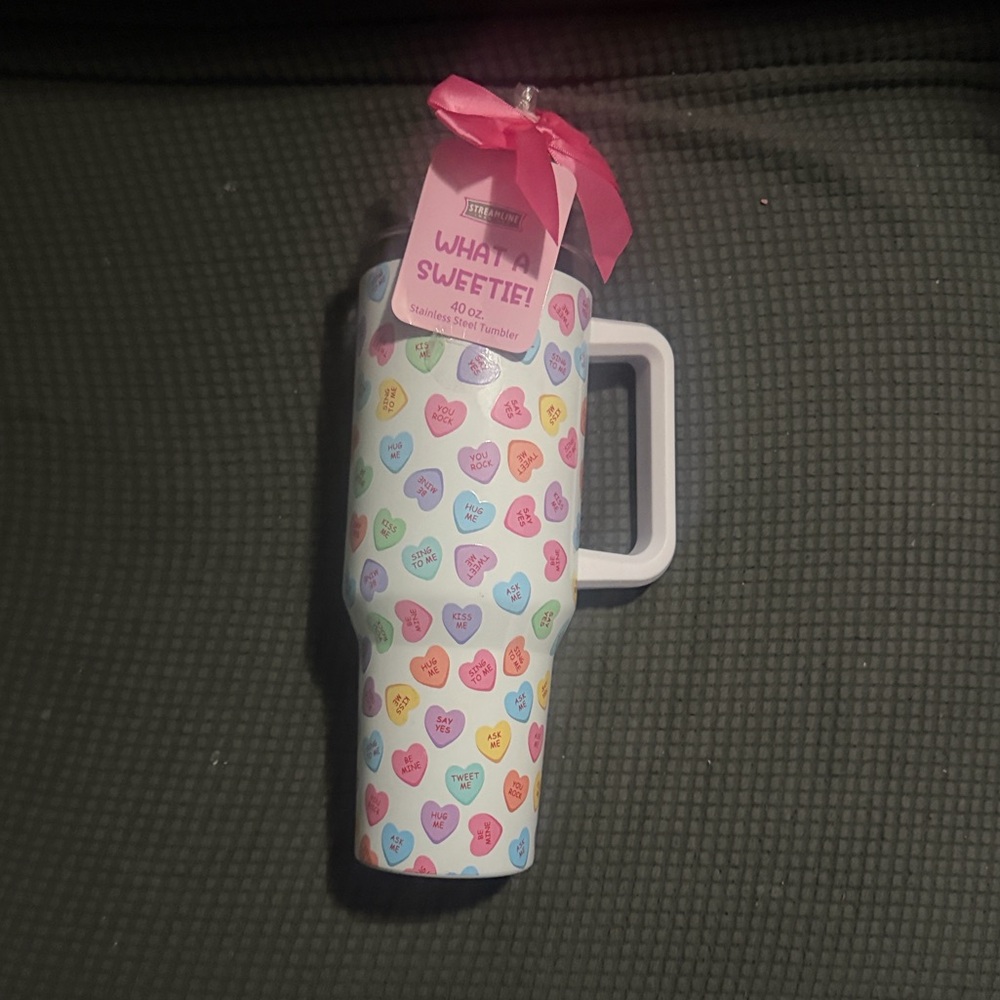 White Stainless Steel Tumbler with Pastel Conversation Hearts